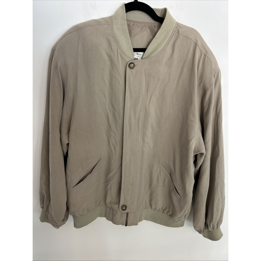 Poeta Moda Men's 100% Silk  EL Zip Up Jacket Tan Brown Pocket From Italy
